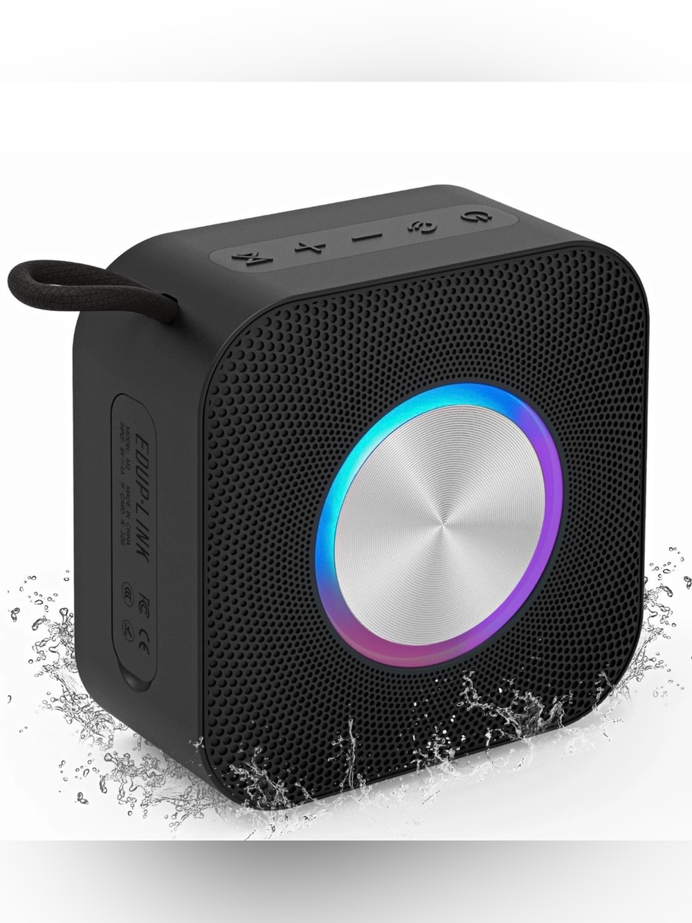 Compact Black Bluetooth Speaker with LED Accent and Carry Loop